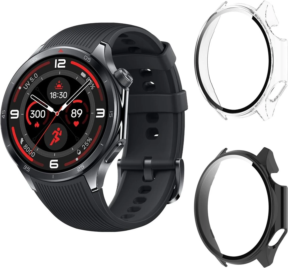 Aerku kietas dėklas su ekrano apsauga, suderinamas su Oneplus Watch 3, [2 vnt.] pilnos apsaugos įbrėžimams atsparus pc apsauginis dėklas, juodas ir skaidrus