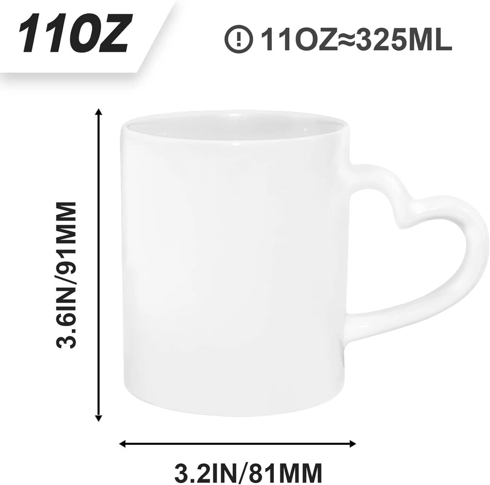 Affek Design Keraminiai puodeliai sublimacijai, 6 vnt., 11oz, baltos spalvos, su širdelės rankenėle