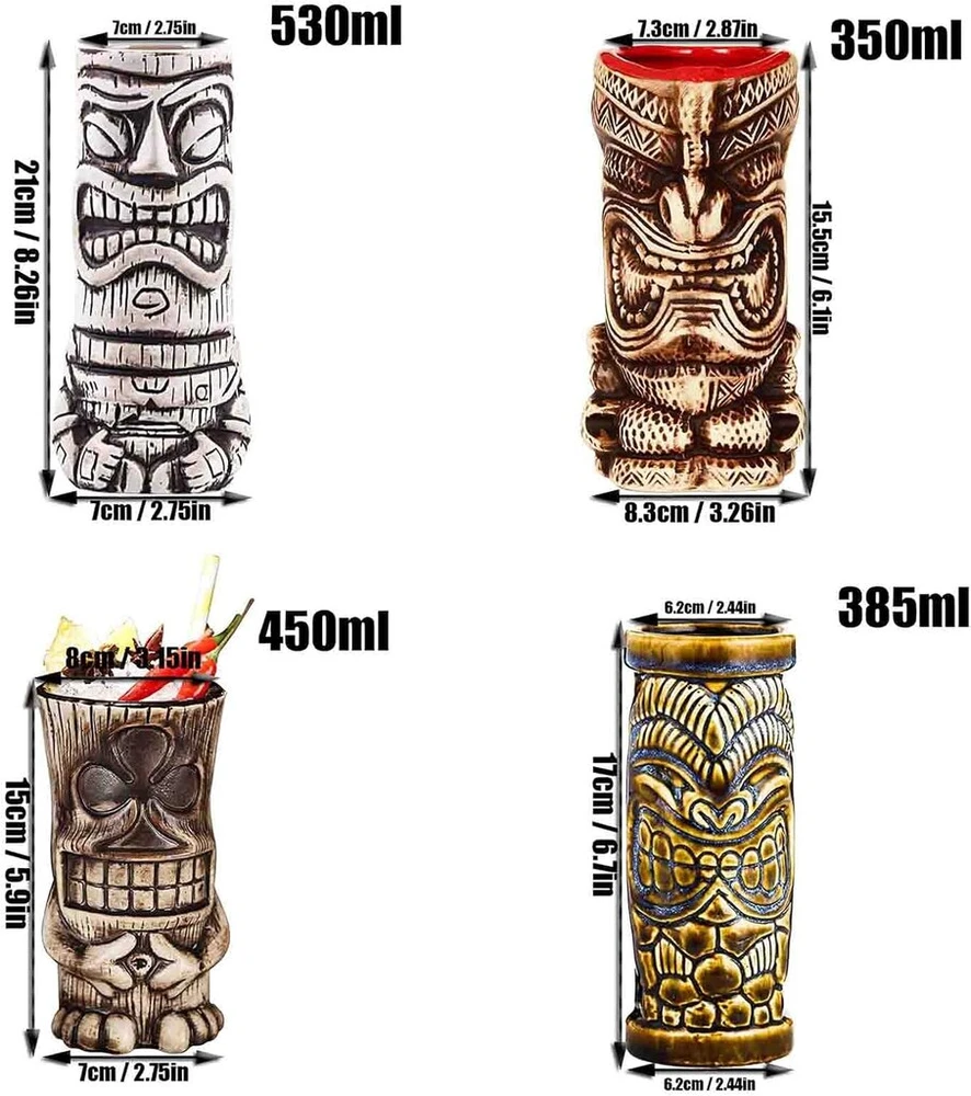 Affek Design Tiki puodeliai - 4 keramikinių kokteilių puodelių rinkinys Tiki puodeliai Havajų vakarėliui Mielos egzotiškos kokteilių taurės Havajų Tiki puodelis Q5