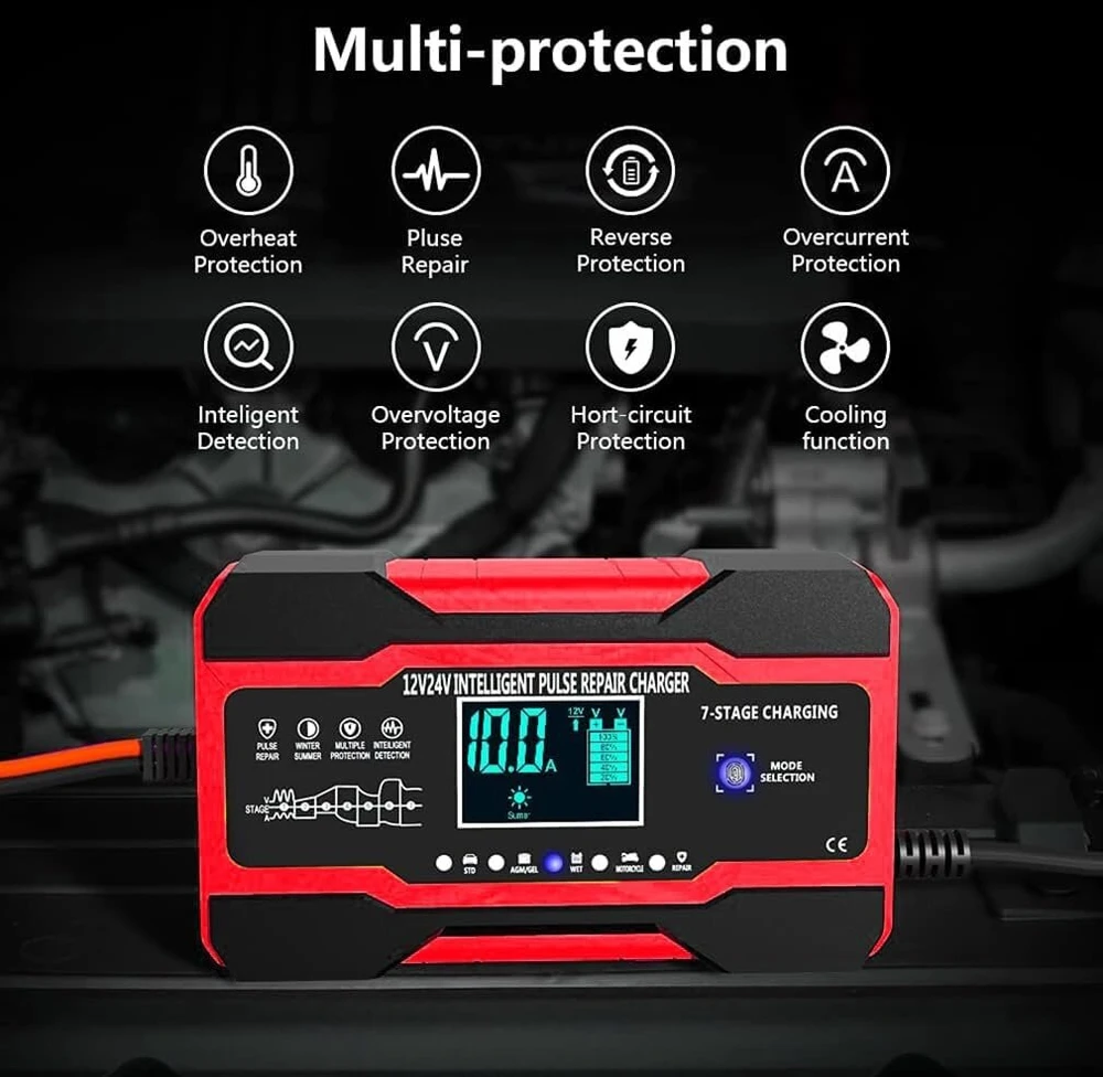 Aibeau akumuliatoriaus įkroviklis automobiliui, 8a / 24v akumuliatoriaus įkroviklis su lcd ekranu