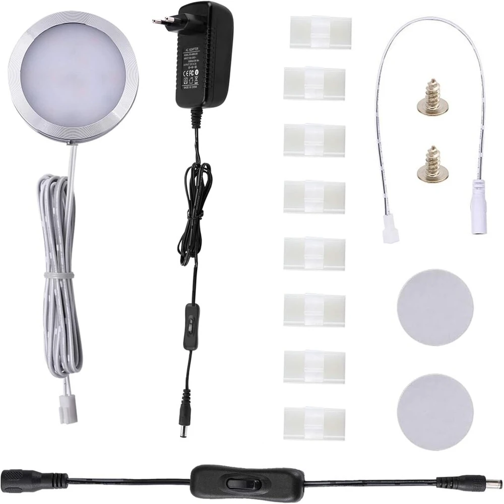 Aiboo 12 V Led spintelių apšvietimas, 1 vnt., po spintele montuojamas šviestuvas, virtuvinis įjungiamas šviestuvas su rankiniu jungikliu, vitrininis apšvietimas spintai, spintelei, lentynoms, Led apvalus spintelių šviestuvas, virtuvės šviestuvas, šilta ba