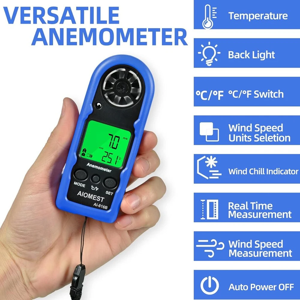 Aiomest mini vėjo greičio matuoklis, rankinis hvac skaitmeninis anemometras, vėjo matuoklis su max/avg, vėjo šalčiu, apšvietimu dronų buriavimui žvejybai, ai-816b