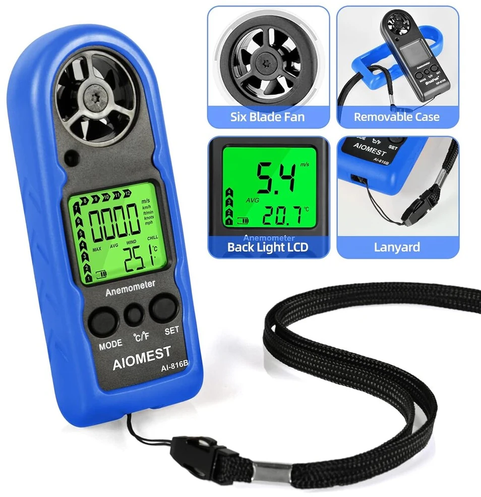 Aiomest mini vėjo greičio matuoklis, rankinis hvac skaitmeninis anemometras, vėjo matuoklis su max/avg, vėjo šalčiu, apšvietimu dronų buriavimui žvejybai, ai-816b