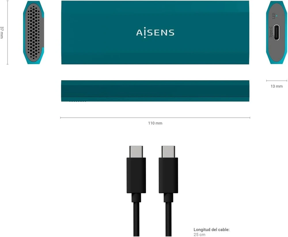 Aisens - asm2-019blu - išorinis korpusas m.2 ssd sata/nvme a usb 3.2 gen2 mėlynas