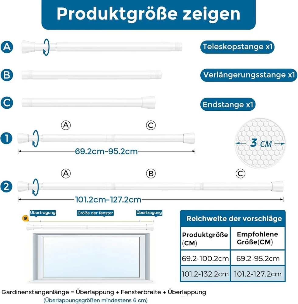 Aizesi 1 x užuolaidų strypas, be gręžimo, 71.1 - 121.9 cm, 7/8 skersmens, baltas, užuolaidų strypas