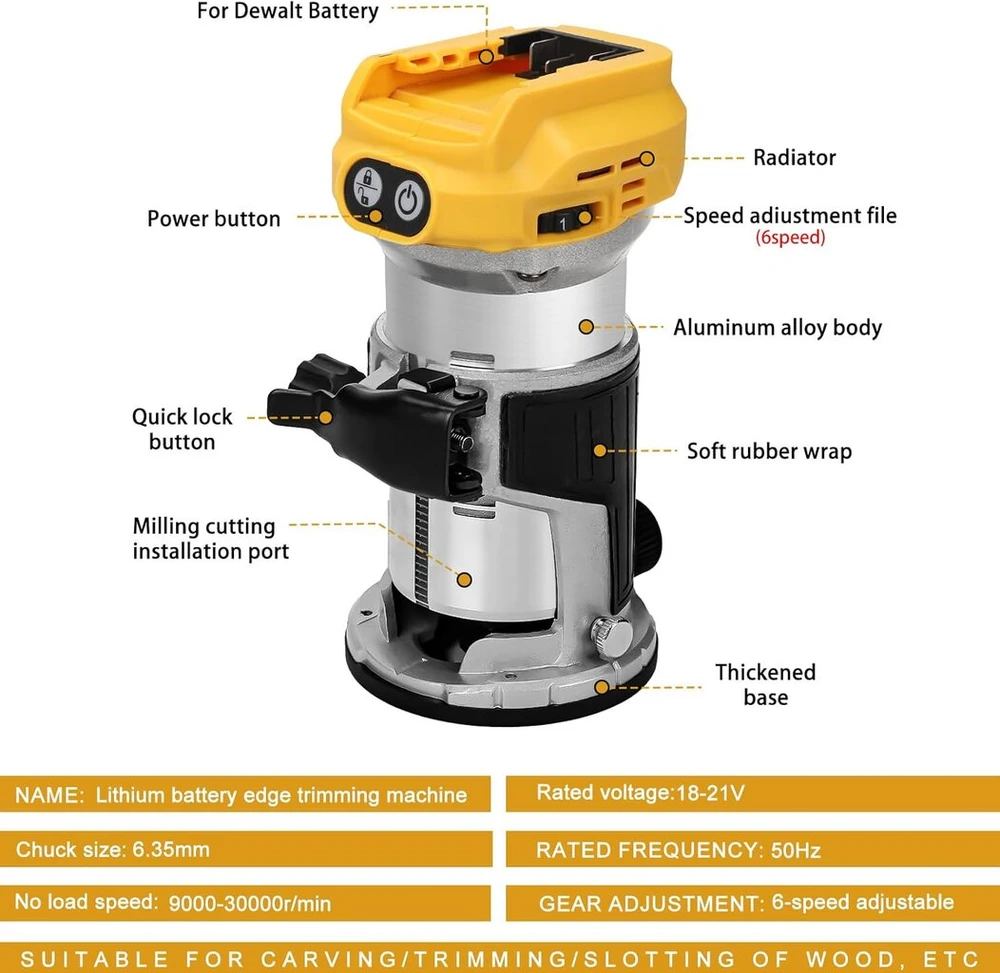 Akumuliatorinis frezeris, suderinamas su Dewalt 20 V akumuliatoriumi, 1300 W bešepetėlinis kraštų pjoviklis su 6 greičiais, tiesus kreiptuvas, kreipiamasis ratukas, 15 frezų ir dulkių kanalas, akumuliatorinis medienos pjoviklis (be akumuliatoriaus)