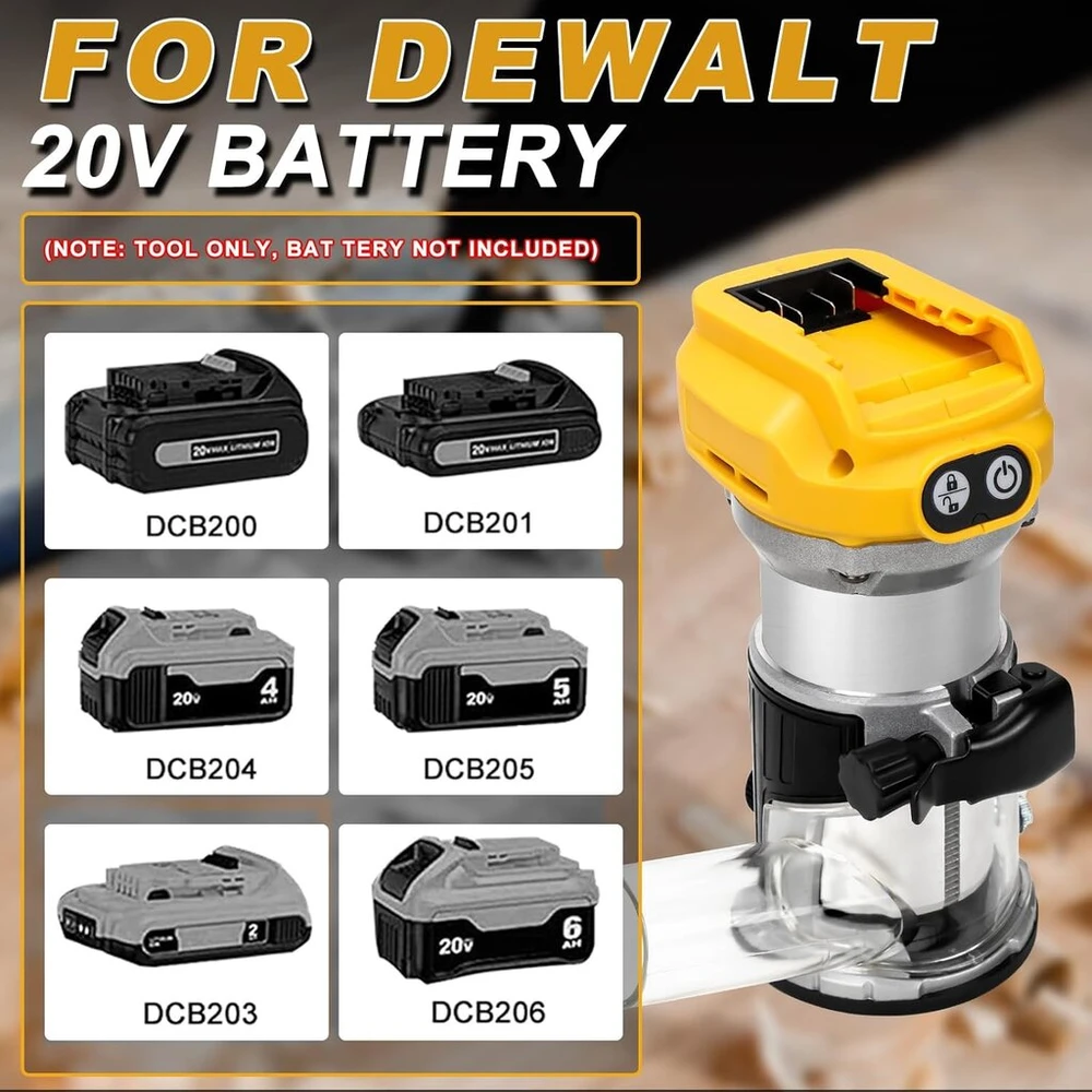 Akumuliatorinis frezeris, suderinamas su Dewalt 20 V akumuliatoriumi, 1300 W bešepetėlinis kraštų pjoviklis su 6 greičiais, tiesus kreiptuvas, kreipiamasis ratukas, 15 frezų ir dulkių kanalas, akumuliatorinis medienos pjoviklis (be akumuliatoriaus)