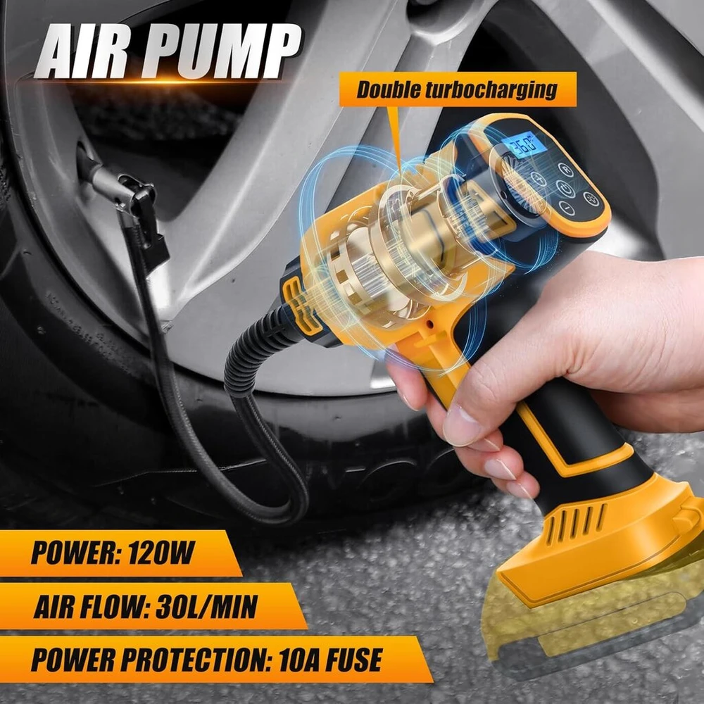 Akumuliatorinis kompresorius, skirtas dewalt 21 v, 160 psi elektrinis oro siurblys, automobilinis kompresorius, led skaitmeninis slėgio ekranas, automatinio išsijungimo funkcija, idealus dviračiui/automobiliui/kamuoliui (skirtas dewalt akumuliatoriui)