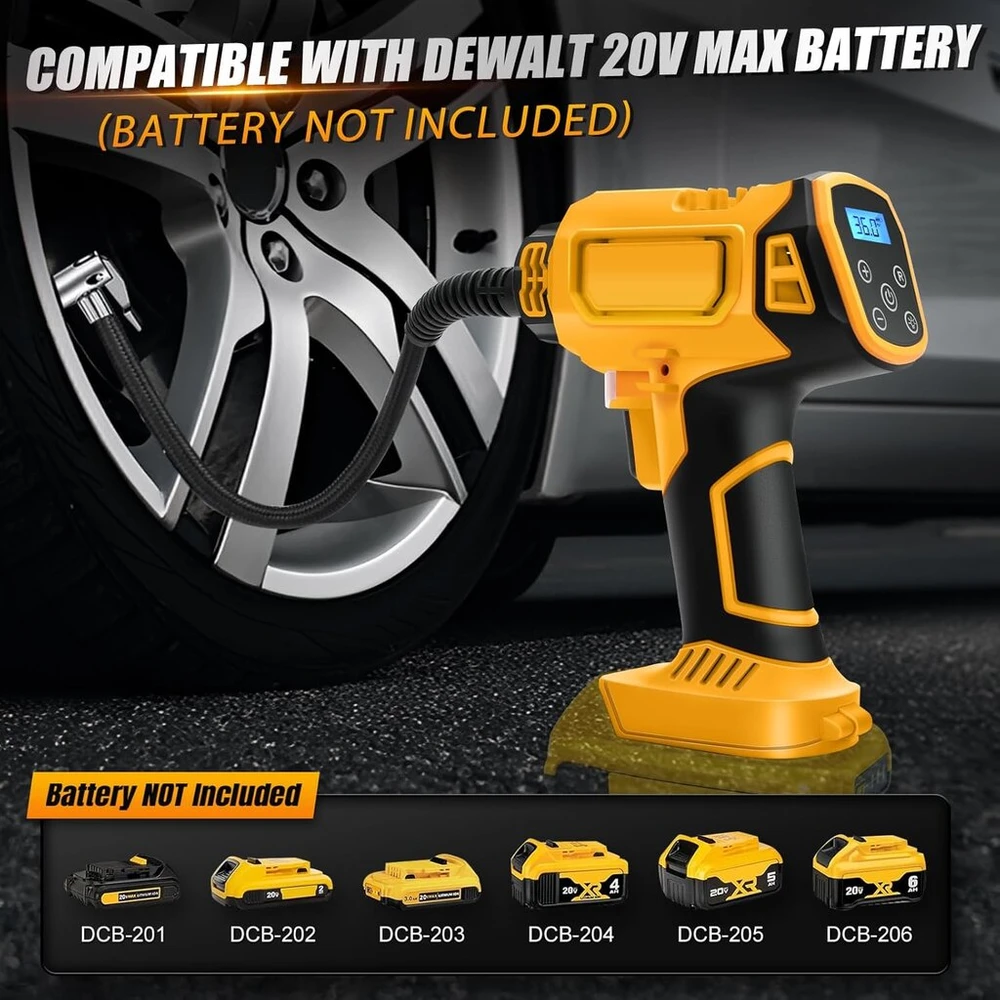 Akumuliatorinis kompresorius, skirtas dewalt 21 v, 160 psi elektrinis oro siurblys, automobilinis kompresorius, led skaitmeninis slėgio ekranas, automatinio išsijungimo funkcija, idealus dviračiui/automobiliui/kamuoliui (skirtas dewalt akumuliatoriui)