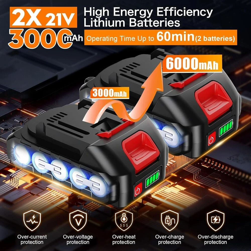 Akumuliatorinis slėgio plovimo įrenginys su 2 x 3000 Mah akumuliatoriumi, maks. 60 barų, 21 V slėgio plovimo pistoletas su 6-in-1 antgaliu ir 5 m žarna, nešiojamas slėgio plovimo pistoletas laistymui, automobilių plovimui