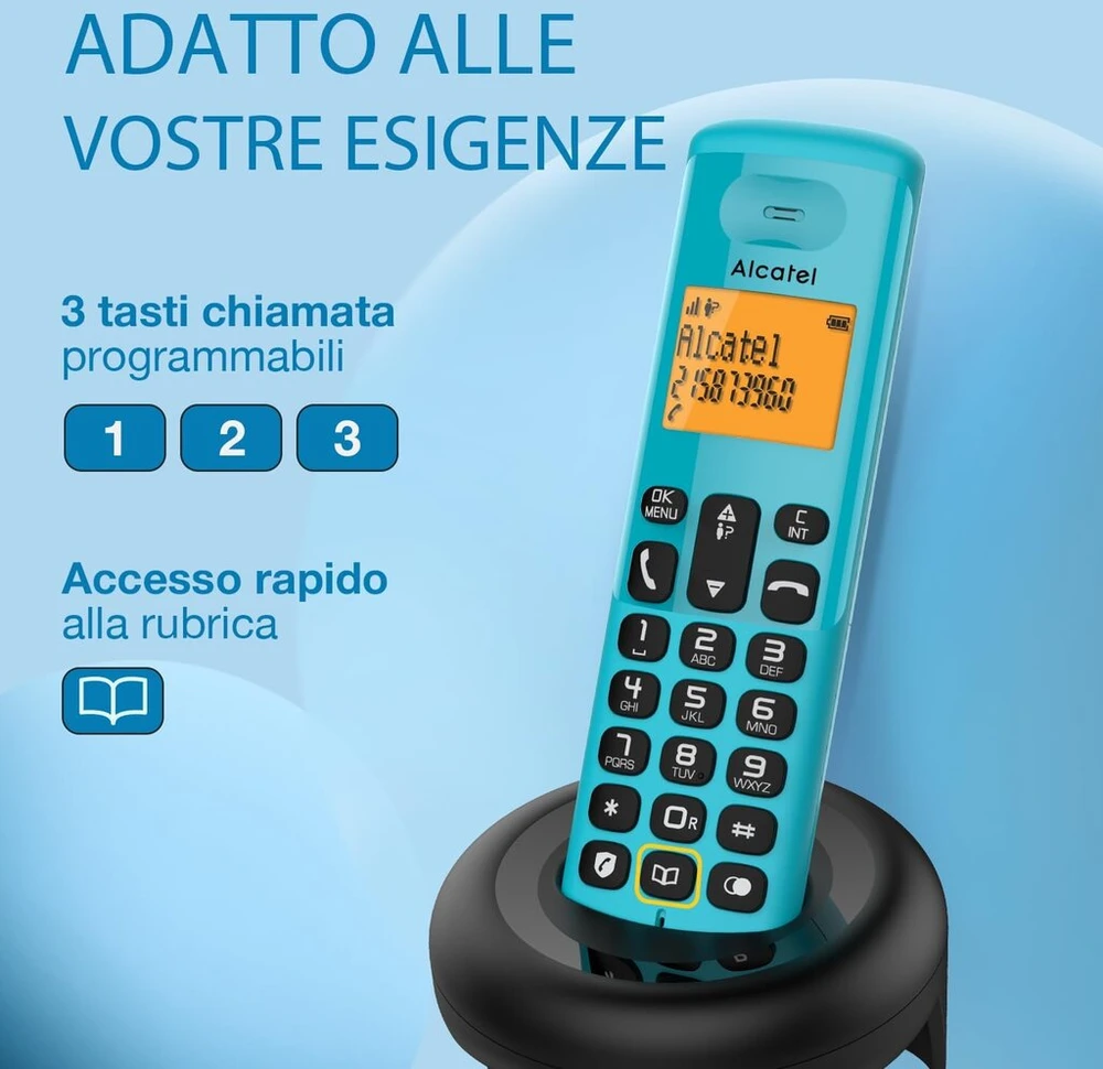 Alcatel E160 mėlynas belaidis Dect telefonas su nepageidaujamų skambučių blokavimu, didelis oranžinis apšviestas ekranas, lengvai skaitomas, klasikiniai ir polifoninės melodijos