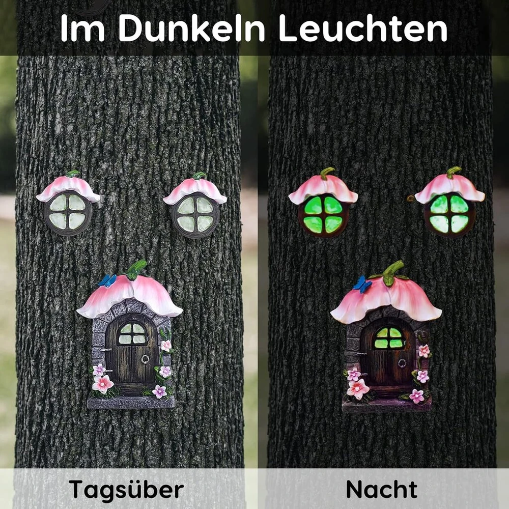Alemin fėjų durys sodo fėjų durys ir langas medžiams, 14 cm dervos miniatiūrinės elfų durys, gnomų durys, sodo dekoracija, šviečia tamsoje (gėlė)