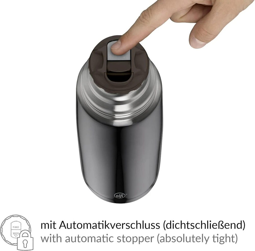 Alfi Isotherm Perfect Av 1.0 L, Cool Pilkas Matt, nerūdijančio plieno termosas su puodeliu, visiškai nepralaidus su automatiniu uždarymu, nuimamas, palaiko šilumą 12 valandų, nepalieka pirštų atspaudų