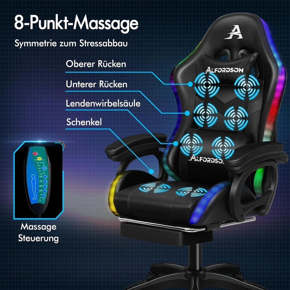 Alfordson žaidimų kėdė su 8 taškų masažu, 12 spalvų rgb led apšvietimu, ergonomiška biuro kėdė su kojų atrama, galvos atrama ir juosmens pagalvėle vaikams ir suaugusiems, juoda
