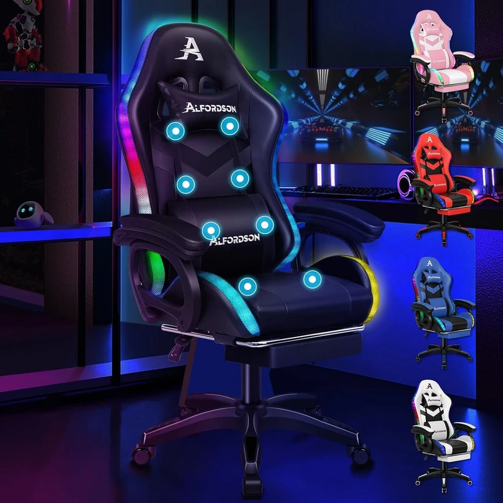 Alfordson žaidimų kėdė su 8 taškų masažu, 12 spalvų rgb led apšvietimu, ergonomiška biuro kėdė su kojų atrama, galvos atrama ir juosmens pagalvėle vaikams ir suaugusiems, juoda