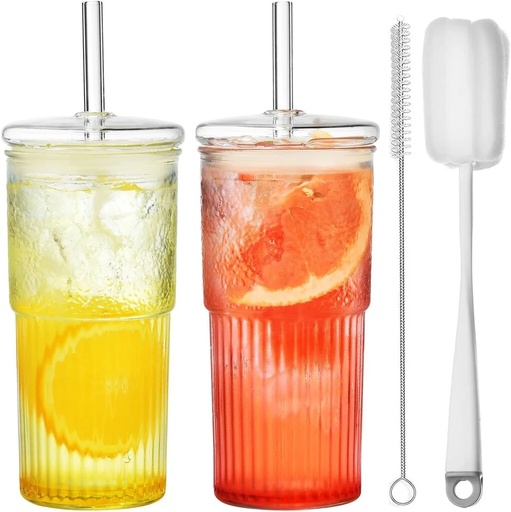 Alink 570 ml stiklinės burbulinės arbatos puodeliai su dangteliu ir šiaudeliu, 2 vnt. aukšto borosilikatinio stiklo gertuvės šaltai kavai, sultims, kokteiliams, vandeniui, arbatai, dovana, 2 valymo šepetėliai
