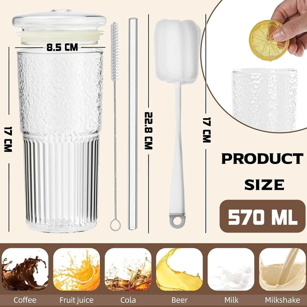 Alink 570 ml stiklinės burbulinės arbatos puodeliai su dangteliu ir šiaudeliu, 2 vnt. aukšto borosilikatinio stiklo gertuvės šaltai kavai, sultims, kokteiliams, vandeniui, arbatai, dovana, 2 valymo šepetėliai