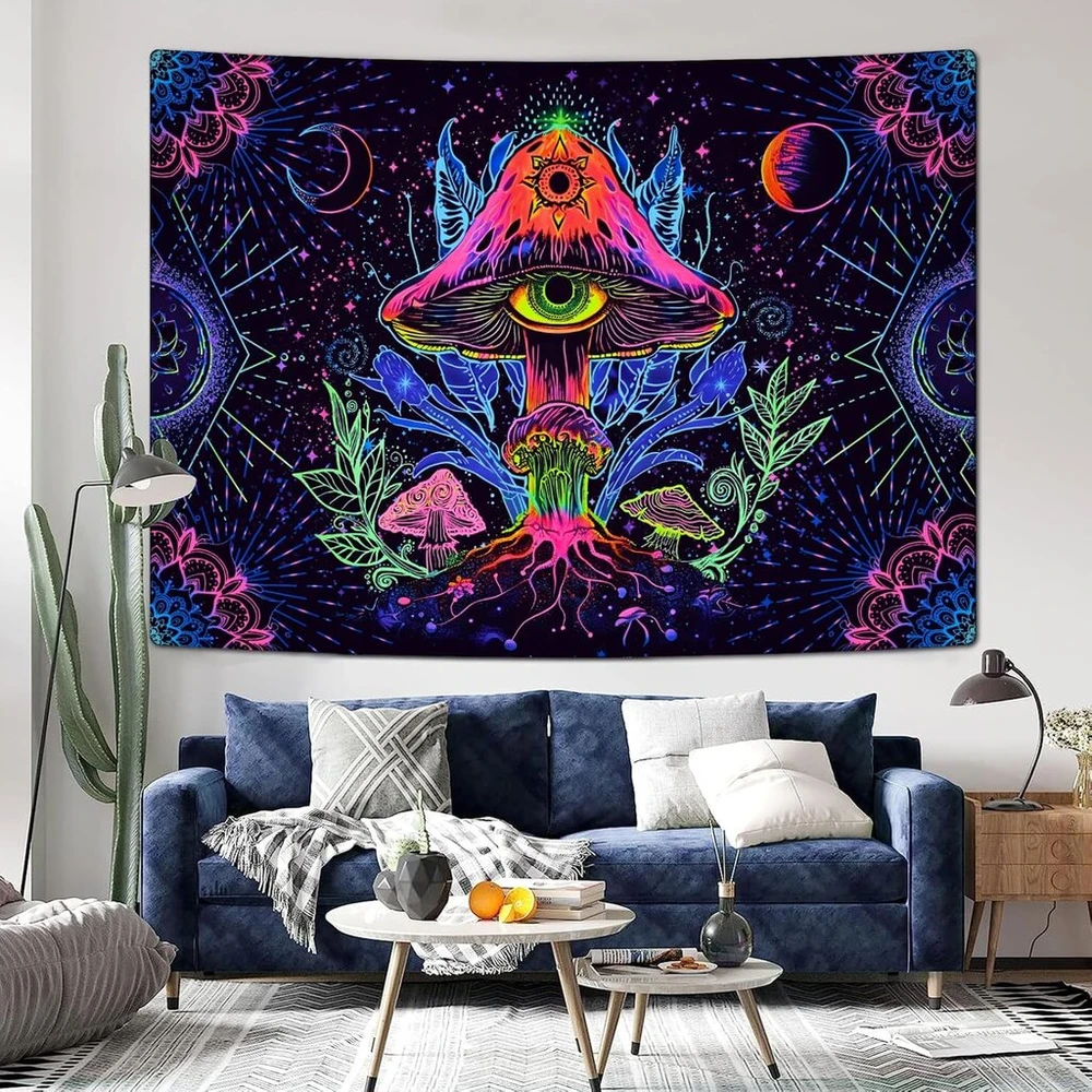 Alishomtll fluorescencinis grybų gobelenas, juodos šviesos grybų mandala su saule ir mėnuliu, natūrali botaninė estetika, dekoratyvinis spalvingas sieninis audinys, miegamojo bendrabutis, 150 x 130 cm