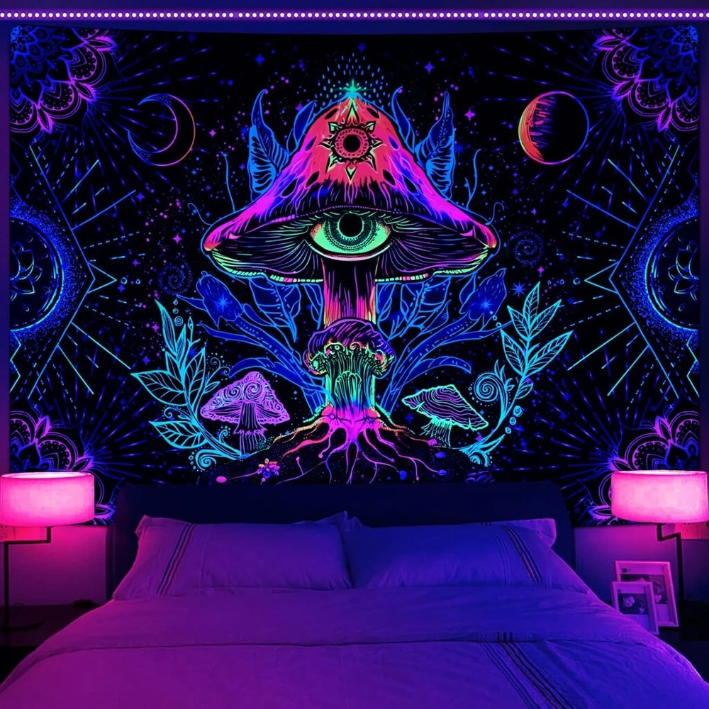 Alishomtll fluorescencinis grybų gobelenas, juodos šviesos grybų mandala su saule ir mėnuliu, natūrali botaninė estetika, dekoratyvinis spalvingas sieninis audinys, miegamojo bendrabutis, 150 x 130 cm