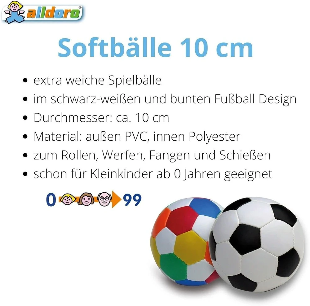 Alldoro minkštas kamuolys, 10 cm skersmens, minkštas futbolo kamuolys iš putų, vaikiškas kamuolys naudojimui patalpose ir lauke, žaidimų kamuolys vaikams ir kūdikiams nuo 0 mėnesių, juodai/baltas + spalvotas rinkinys