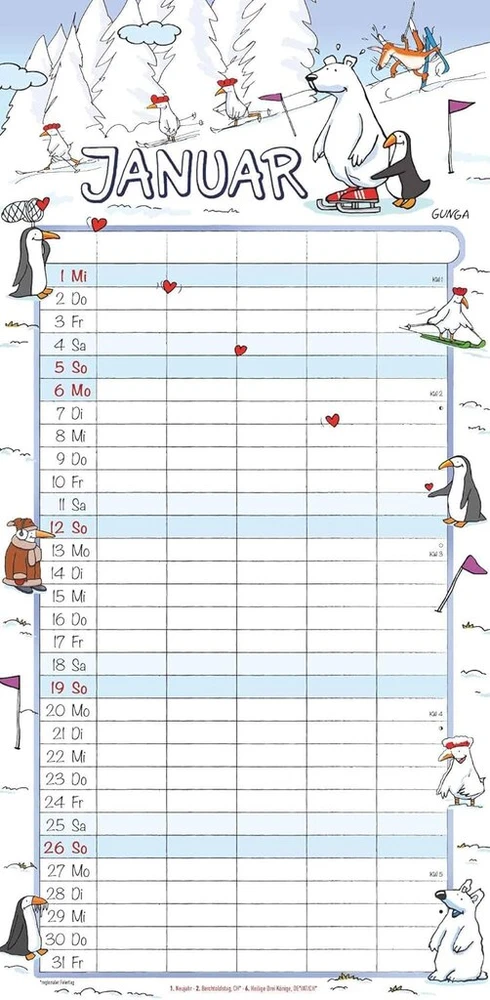 Alpha Edition - Šeimos planuotojas Happy 2025 Family Timer, 22 x 45 cm, šeimos kalendorius su 5 stulpeliais, švenčių datos, 100 metų kalendorius, iliustracijos pagal Gunga ir vokiškas kalendorius