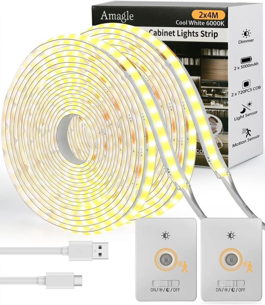 Amagle 2 vnt. 4 m led spintelių apšvietimas, po spintele montuojamas šviestuvas, virtuvės šviestuvas su judesio jutikliu, vidaus judesio šviestuvas su baterija 5000 mah, spintelės lempos led juosta, lipni juosta