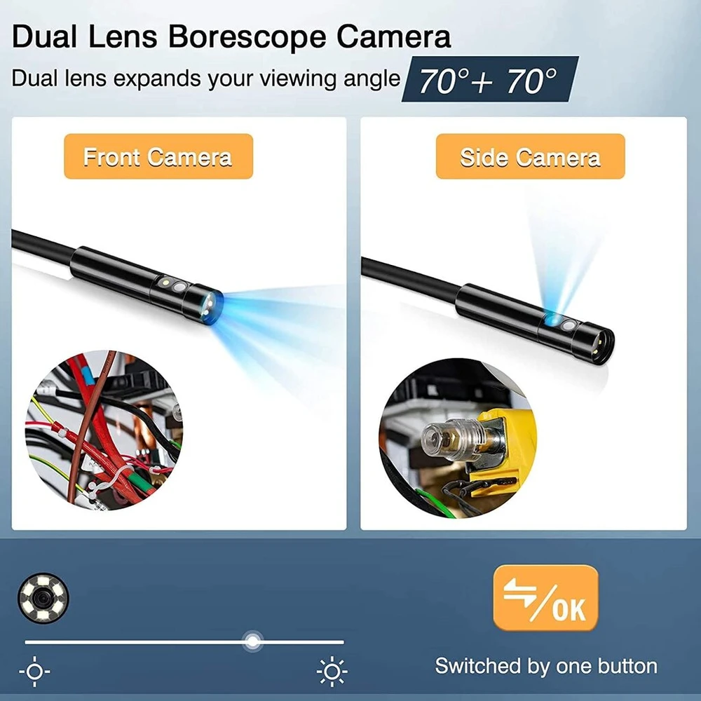 Amailtom 1080p endoskopinė kamera Full Hd, 8 mm dvigubo objektyvo inspekcinė kamera su 4,3 colių Ips ekranu, Ip67 vandeniui atspari vamzdžio kamera su 6 reguliuojamais Led žibintais, 5 m pusiau standus kabelis