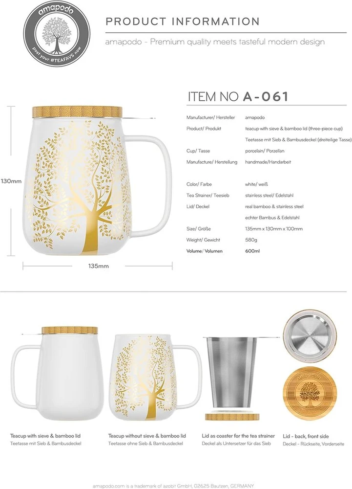 Amapodo arbatos puodelis su dangteliu ir sieteliu - didelis porcelianinis arbatos puodelis, 600 ml - xxl puodelių rinkinys, baltas - be plastiko