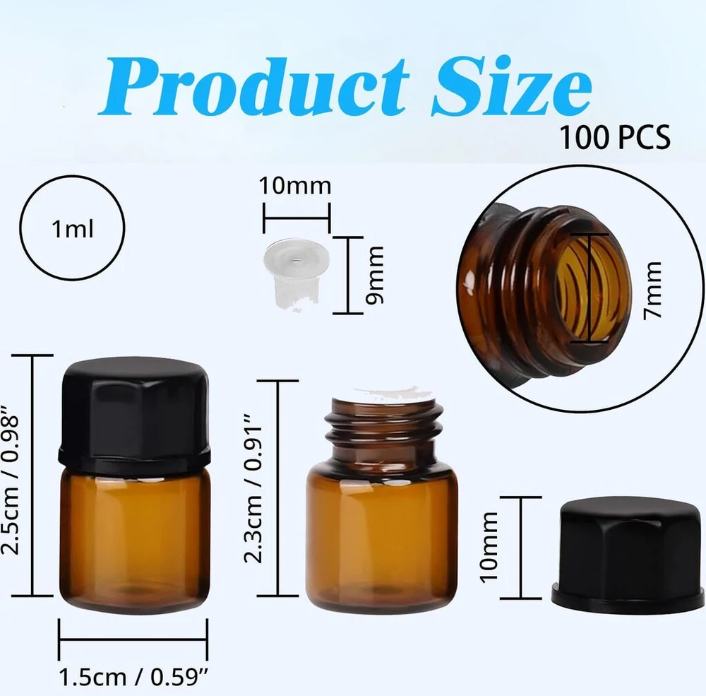 Amazleer 100 mini rudų stiklinių buteliukų rinkinys po 1 ml su lašintuvu, valymo šepetėliu