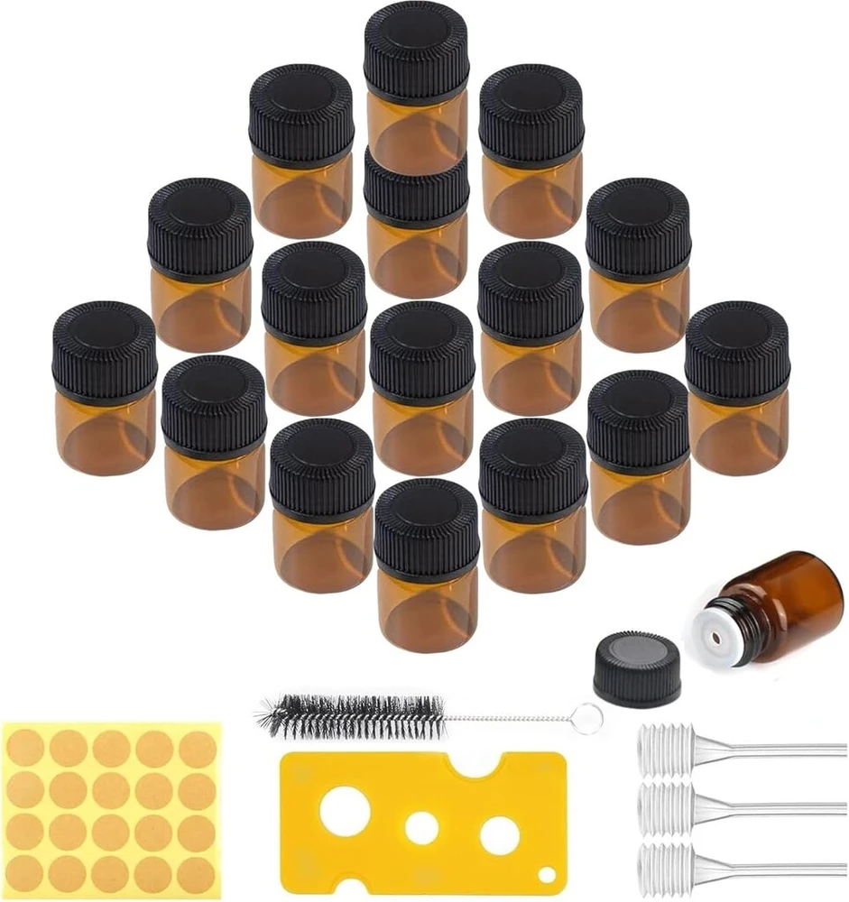 Amazleer 100 mini rudų stiklinių buteliukų rinkinys po 1 ml su lašintuvu, valymo šepetėliu