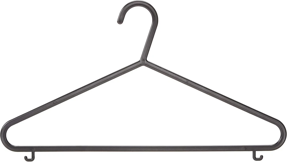 Amazon Basics juodos plastikinės pakabos paltams su šoniniais kabliukais ir strypu kelnėms, 50 vnt.
