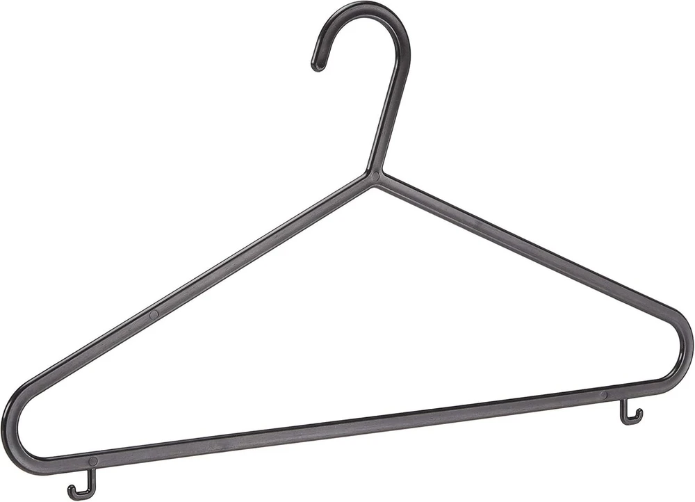 Amazon Basics juodos plastikinės pakabos paltams su šoniniais kabliukais ir strypu kelnėms, 50 vnt.