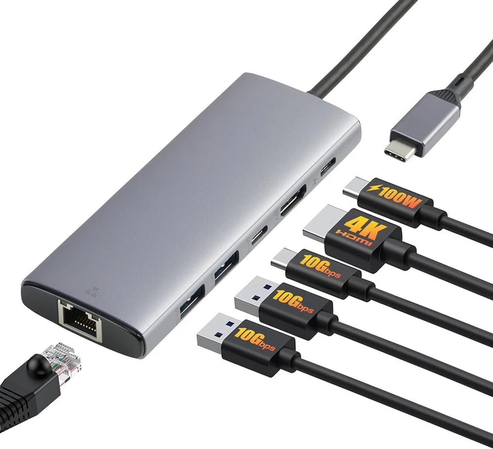 Amazon Basics Usb C šakotuvas kompiuteriams ir nešiojamiesiems kompiuteriams, 6 viename multiport adapteris su 100 W Max Pd įkrovimu, 4k Hdmi, 2 Usb-a prievadais, Ethernet, Type C duomenų prievadas