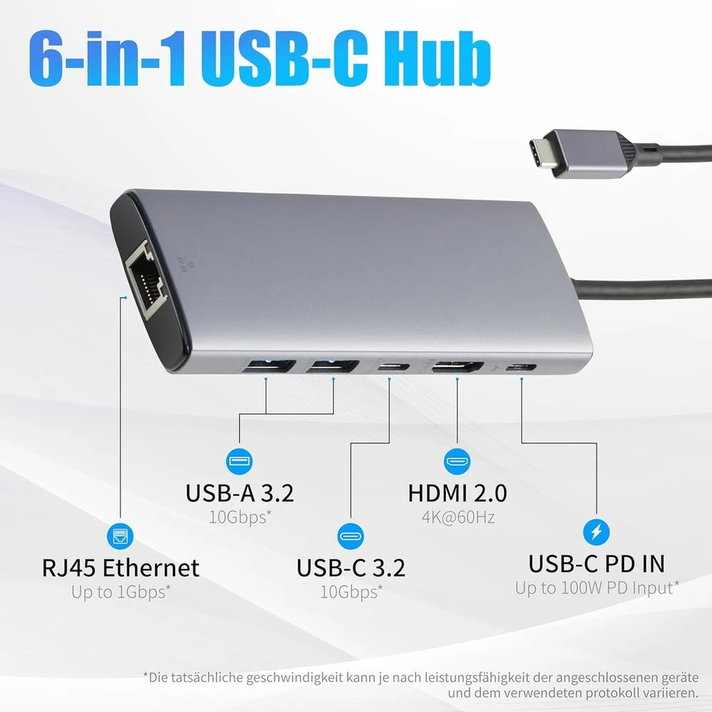 Amazon Basics Usb C šakotuvas kompiuteriams ir nešiojamiesiems kompiuteriams, 6 viename multiport adapteris su 100 W Max Pd įkrovimu, 4k Hdmi, 2 Usb-a prievadais, Ethernet, Type C duomenų prievadas