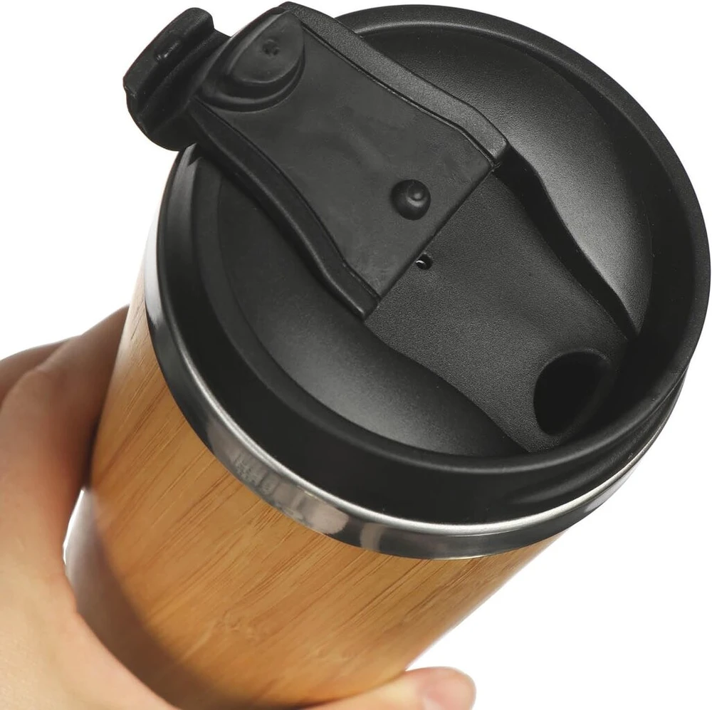 Ambition Nerūdijančio plieno ir bambuko puodelis su dangteliu, 450 ml