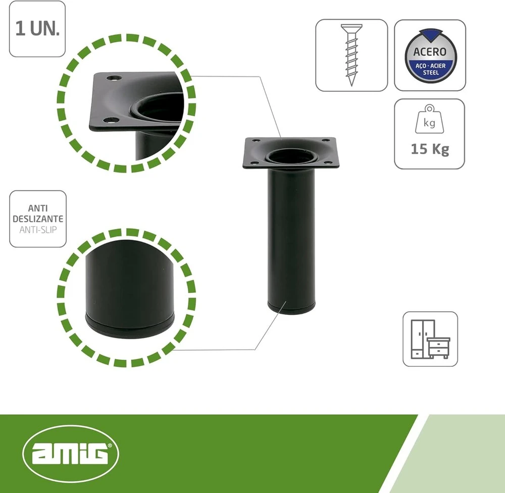 Amig - apvali baldo koja | Modelis 4 | Skersmuo 30 x 100 mm | Su reguliavimo varžtu | Pritvirtinama 4 taškais varžtais | Apkrova iki 15 kg / koja | Plienas, juoda
