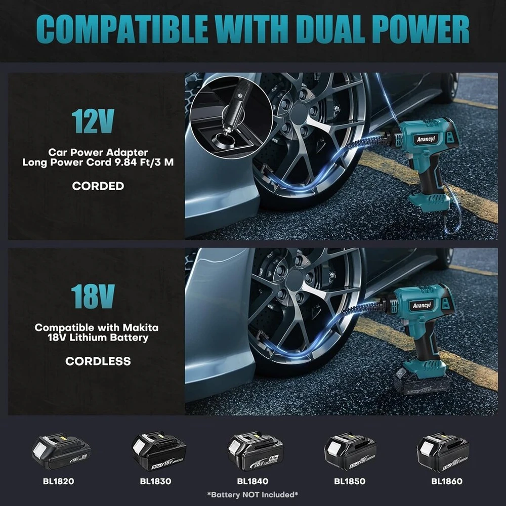 Anancyi akumuliatorinis kompresorius, skirtas Markita akumuliatoriui 18 V, elektrinis oro kompresorius / belaidis oro siurblys dviračiui / automobiliui / kamuoliui 160 Psi, 12 V automobilio maitinimo šaltinis, automatinis sustojimas su led lempute (be aku
