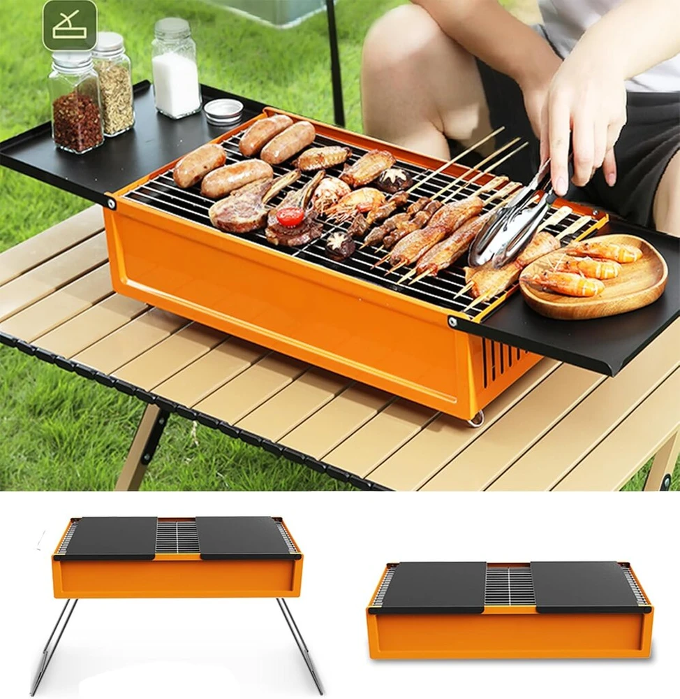 Anglinis grilis Camping Grilis nerūdijančio plieno mažas nešiojamas grilis iškyloms Bbq griliai lauko sodo vakarėliams - oranžinis