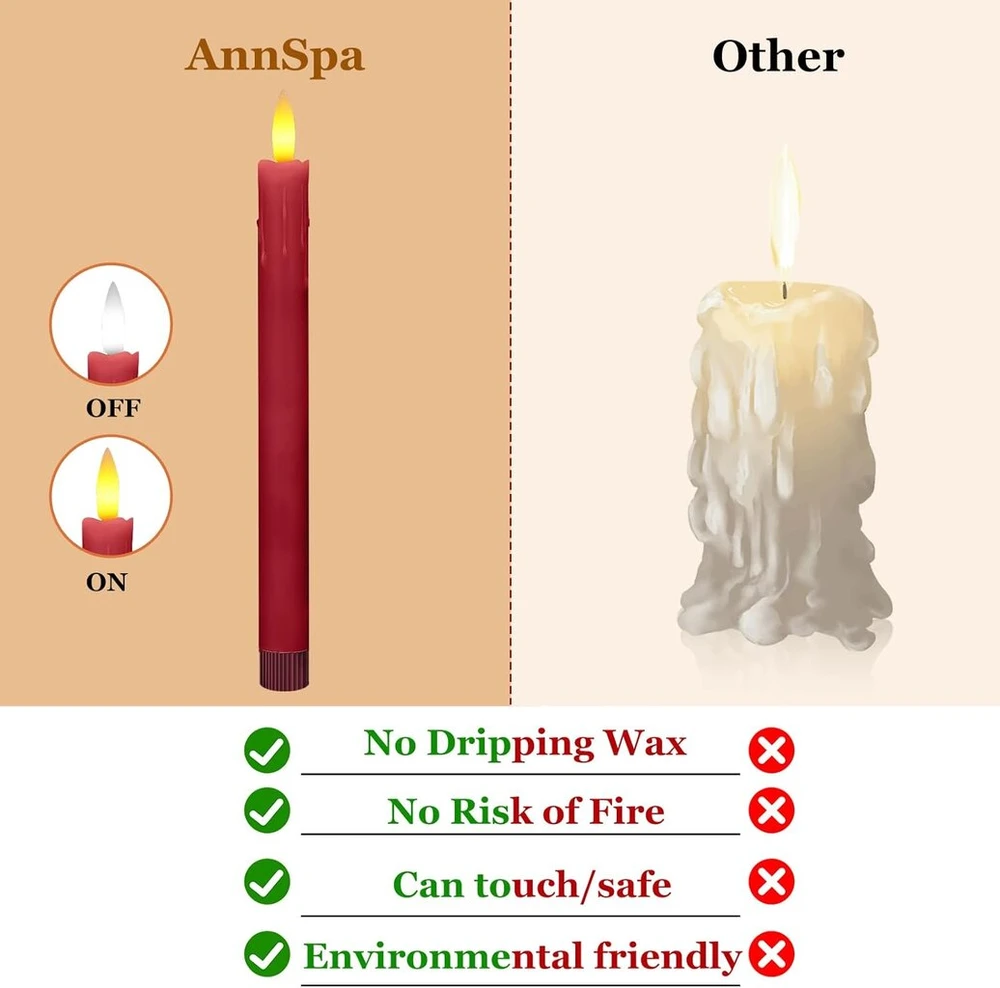 Annspa Led žvakės su nuotoliniu valdymu, maitinamos baterijomis, 6 vnt. su ilgu kotu, bešerdės koloninės žvakės, namų dekoracija, ilgas smailėjančių žvakių laikiklis, Led smailėjančios žvakės su laikmačio funkcija - raudonos