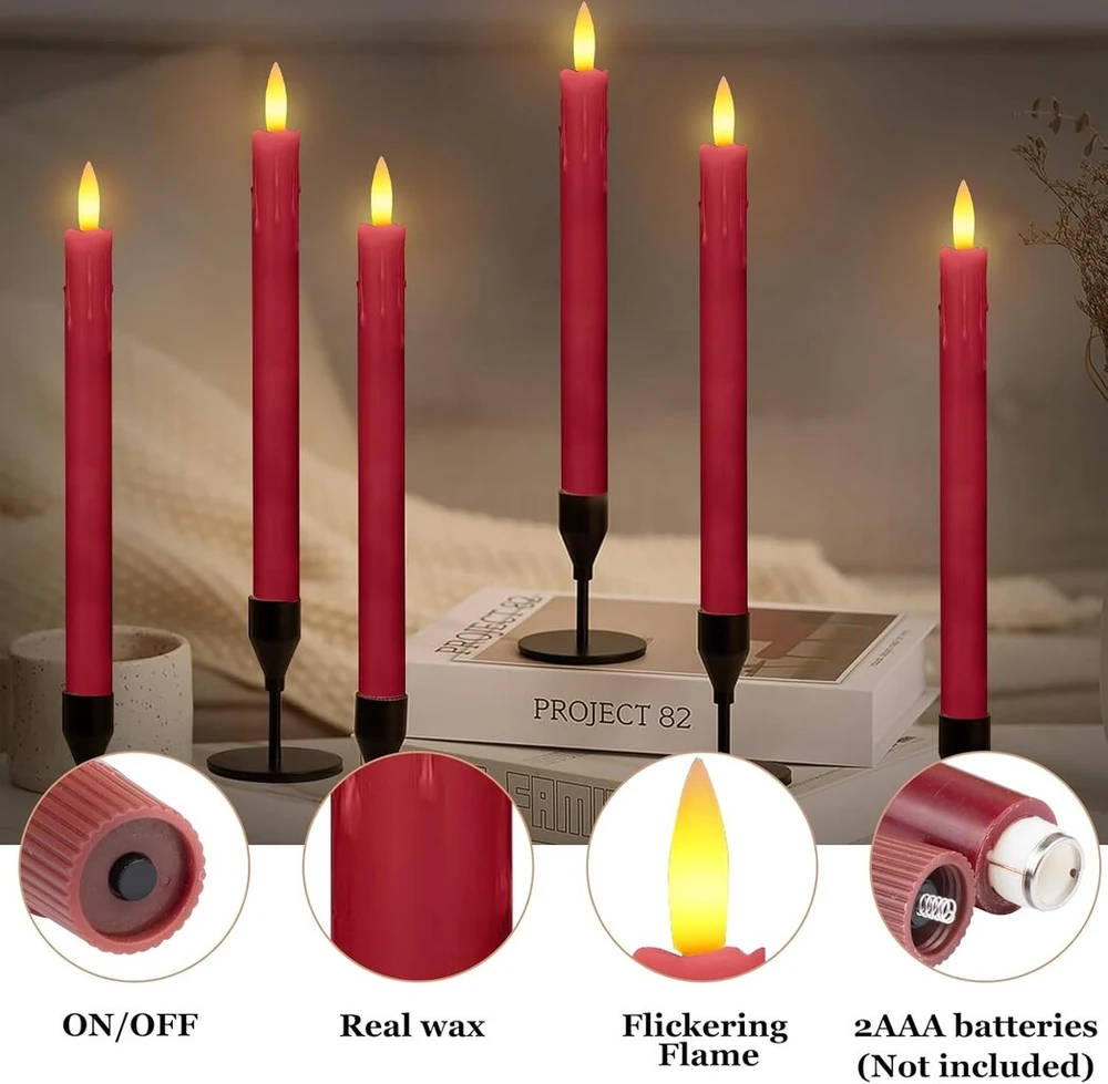 Annspa Led žvakės su nuotoliniu valdymu, maitinamos baterijomis, 6 vnt. su ilgu kotu, bešerdės koloninės žvakės, namų dekoracija, ilgas smailėjančių žvakių laikiklis, Led smailėjančios žvakės su laikmačio funkcija - raudonos