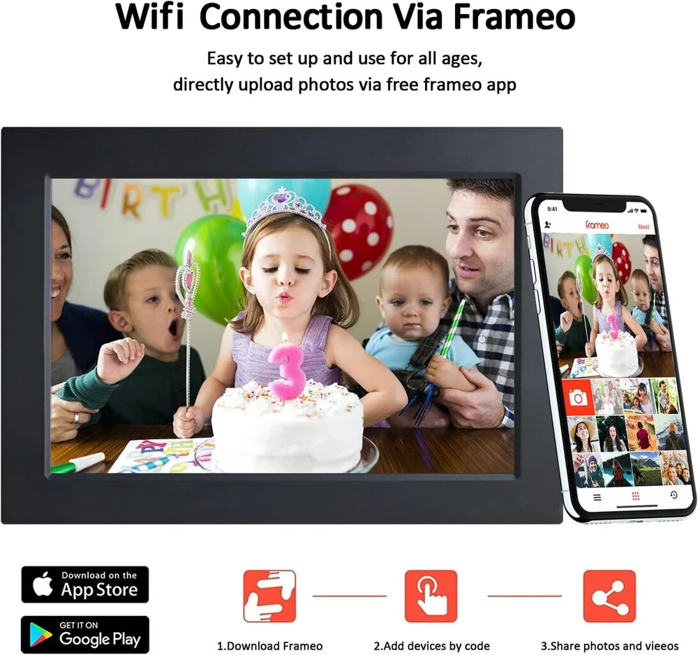 Aowasi 10.1 colio Wifi skaitmeninis nuotraukų rėmelis, 1920 x 1200 Hd Ips jutiklinis ekranas, elektroninis nuotraukų rėmelis su 16 gb atmintimi, automatinis nuotraukų/vaizdo įrašų pasukimas, greitas dalijimasis per Frameo programėlę (juodas)