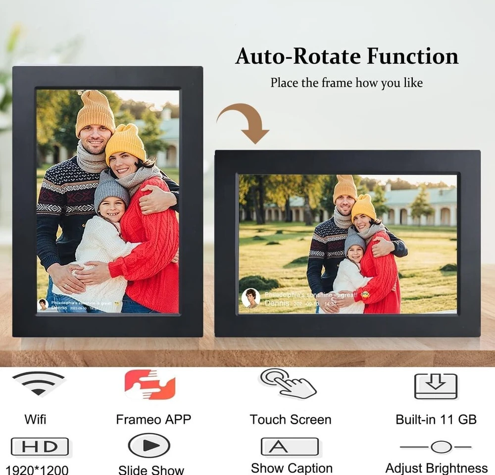 Aowasi 10.1 colio Wifi skaitmeninis nuotraukų rėmelis, 1920 x 1200 Hd Ips jutiklinis ekranas, elektroninis nuotraukų rėmelis su 16 gb atmintimi, automatinis nuotraukų/vaizdo įrašų pasukimas, greitas dalijimasis per Frameo programėlę (juodas)