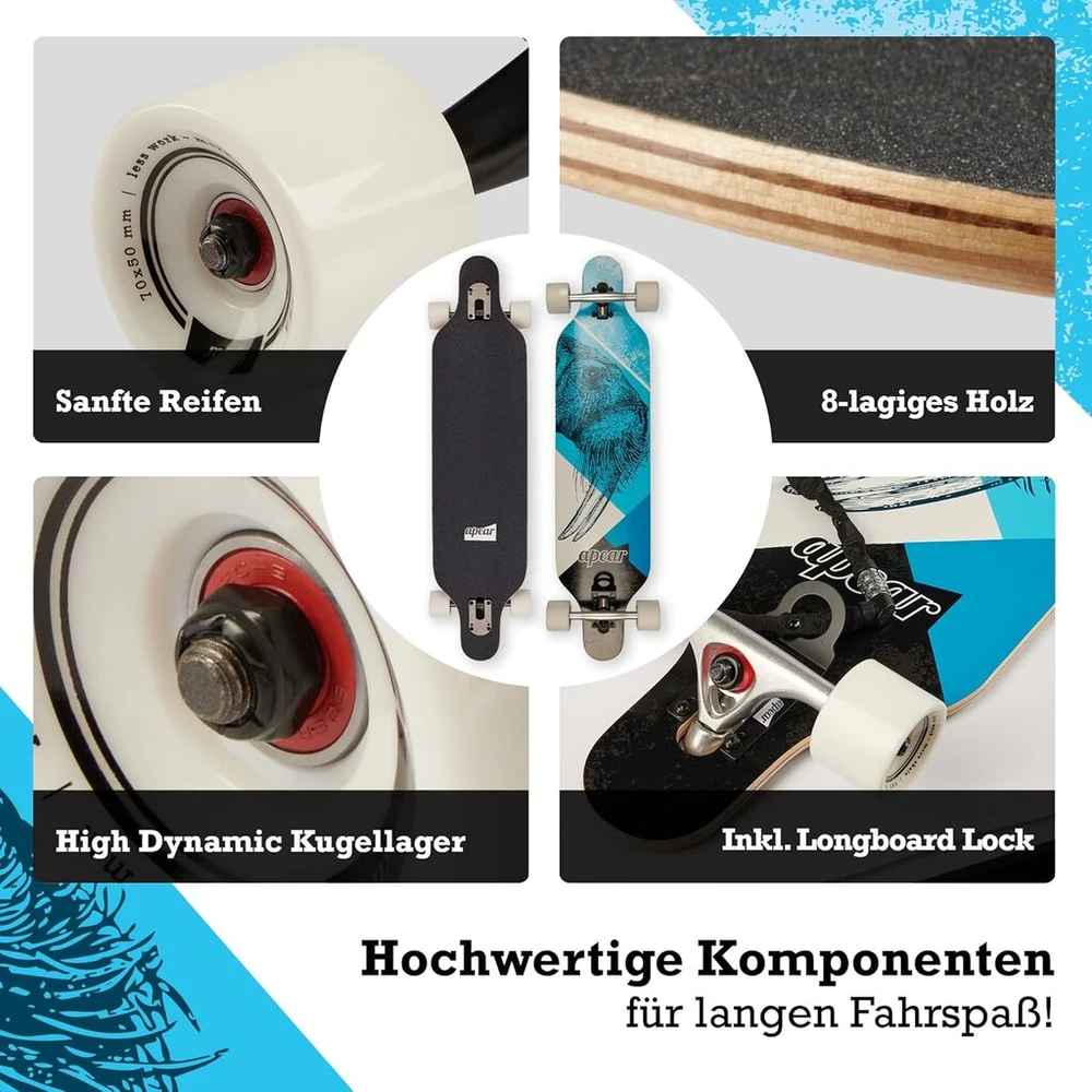 Apear ® longboard'as su užraktu ir T formos įrankiu, 100 kg, su pritvirtintu užrakto įtaisu, Abec 9 guoliai, suaugusiems, paaugliams ir vaikams