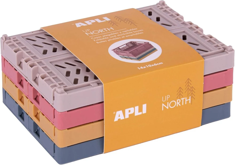 Apli 19554-4 Sulankstomos ir kraunamos dėžės - 14 x 10 x 6 cm - Puikiai tinka organizavimui ir saugojimui - Madingos asorti spalvos, mėlyna, garstyčių, koralų, smėlio