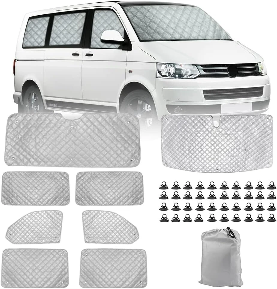 Apsauga nuo saulės, automobilio priekinio stiklo pakeitimas, skirtas vw t5 t6 lwb, 8 dalių apsaugos nuo saulės priekinio stiklo apsaugos rinkinys, vidinis termo užuolaidų langų rinkinys su laikymo krepšiu, 100% užtemimas (8 dalys-lwb)