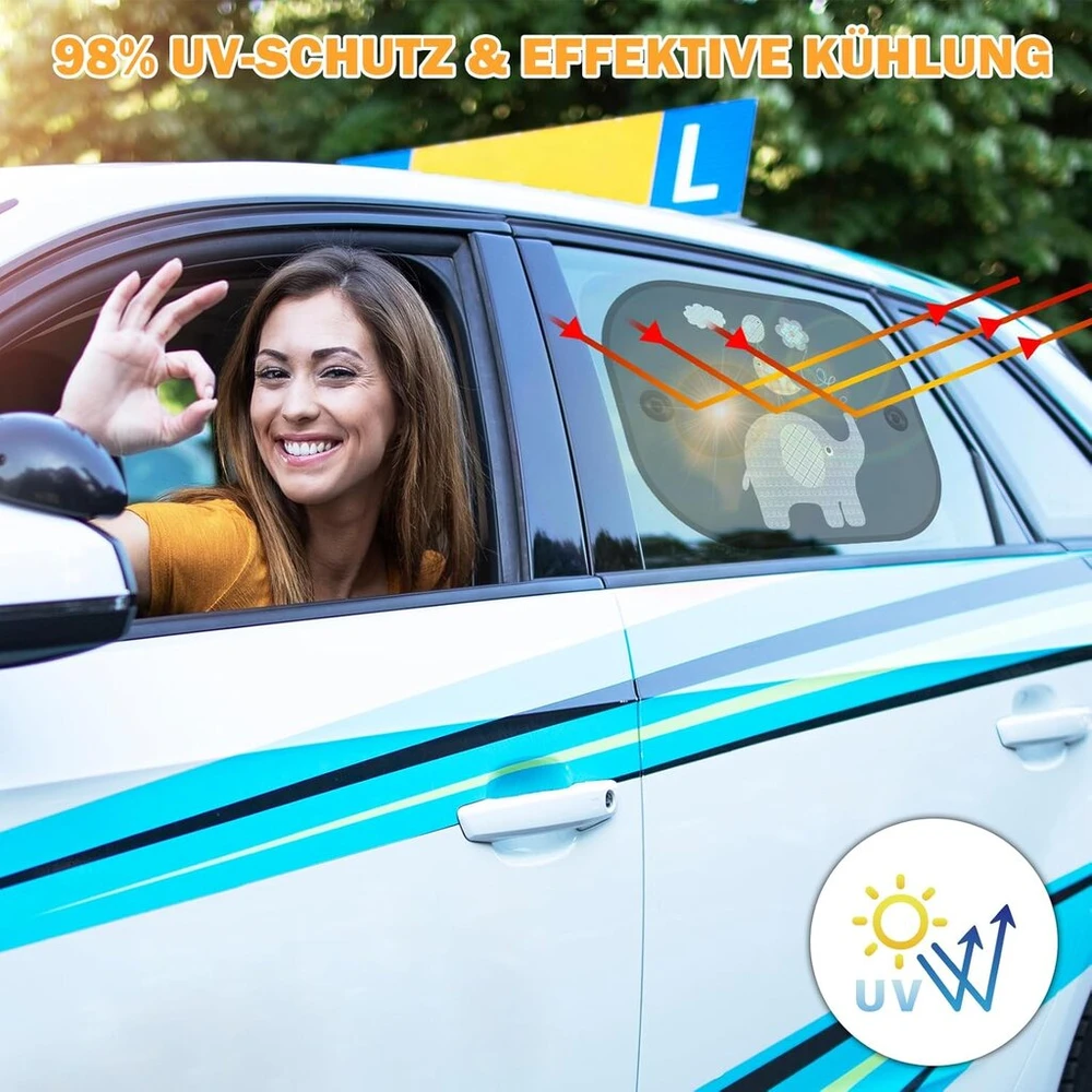 Apsauga nuo saulės kūdikiams automobilyje su uv apsauga, skydelis nuo saulės su 4 siurbtukais, 45 x 35,5 cm automobilio lango skydelis nuo saulės vaikams, apsauga nuo saulės automobilyje kūdikiams su mielais gyvūnų motyvais, 2 vnt. rinkinys