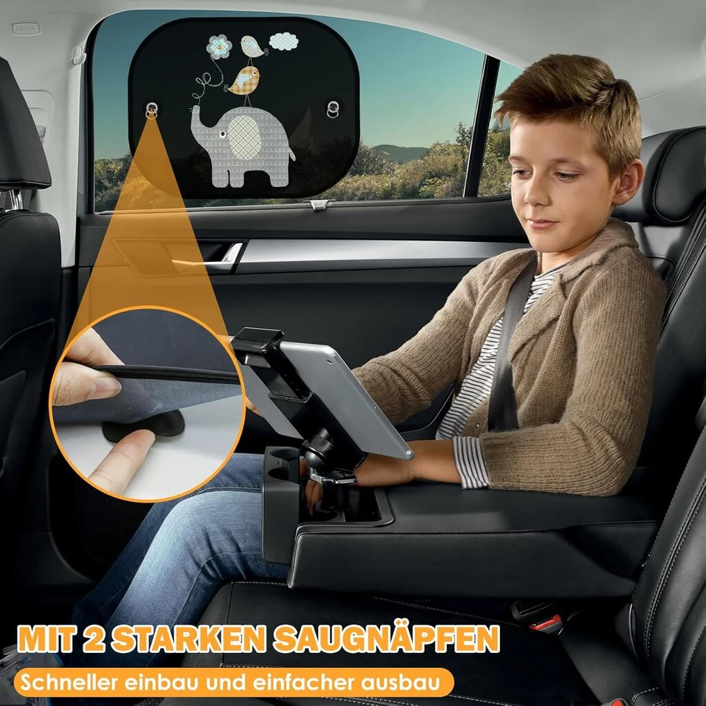 Apsauga nuo saulės kūdikiams automobilyje su uv apsauga, skydelis nuo saulės su 4 siurbtukais, 45 x 35,5 cm automobilio lango skydelis nuo saulės vaikams, apsauga nuo saulės automobilyje kūdikiams su mielais gyvūnų motyvais, 2 vnt. rinkinys