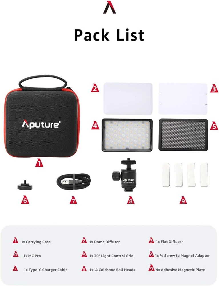 Aputure Mc Pro (rgb, 2,000k-10,000k) mini led panelinė lemputė - aliuminio korpusas su ip65, profesionalus optinis lęšis, itin ilgas baterijos veikimo laikas, integruoti šviesos efektai, magnetinis iš abiejų pusių
