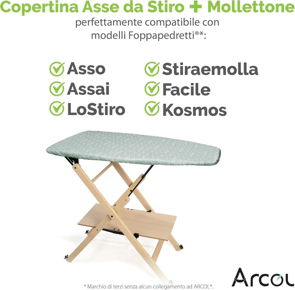 Arcol suderinamas su Foppapedretti lyginimo lentos pakaitiniu užvalkalu elastinis pagamintas Italijoje lyginimo lentos užvalkalas 100% medvilnė (užvalkalas + spaustukas, žalias, modernus)