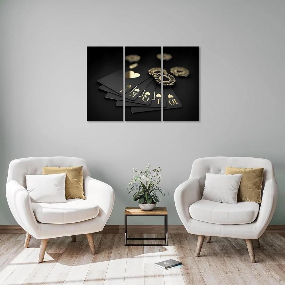 Arede 3 sienų paveikslų rinkinys, plakatas Royal Flush pokerio kortos ir žetonai | 90 x 60 cm | Sienų paveikslai, sienų dekoracija namų biurui, svetainei, miegamojo dekoracija | Paruošta kabinti